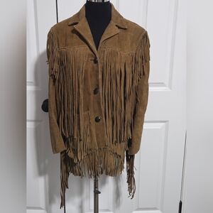 Vintage Ms. Pioneer Brown Suede Leather Fringe Western Jacket Coat USA Size M